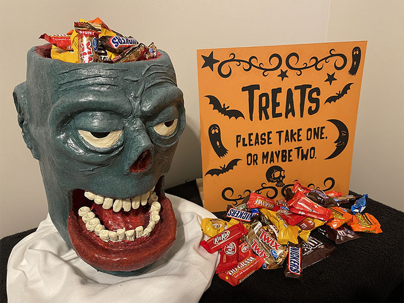 zombie sculpture, Halloween candy brain bucket